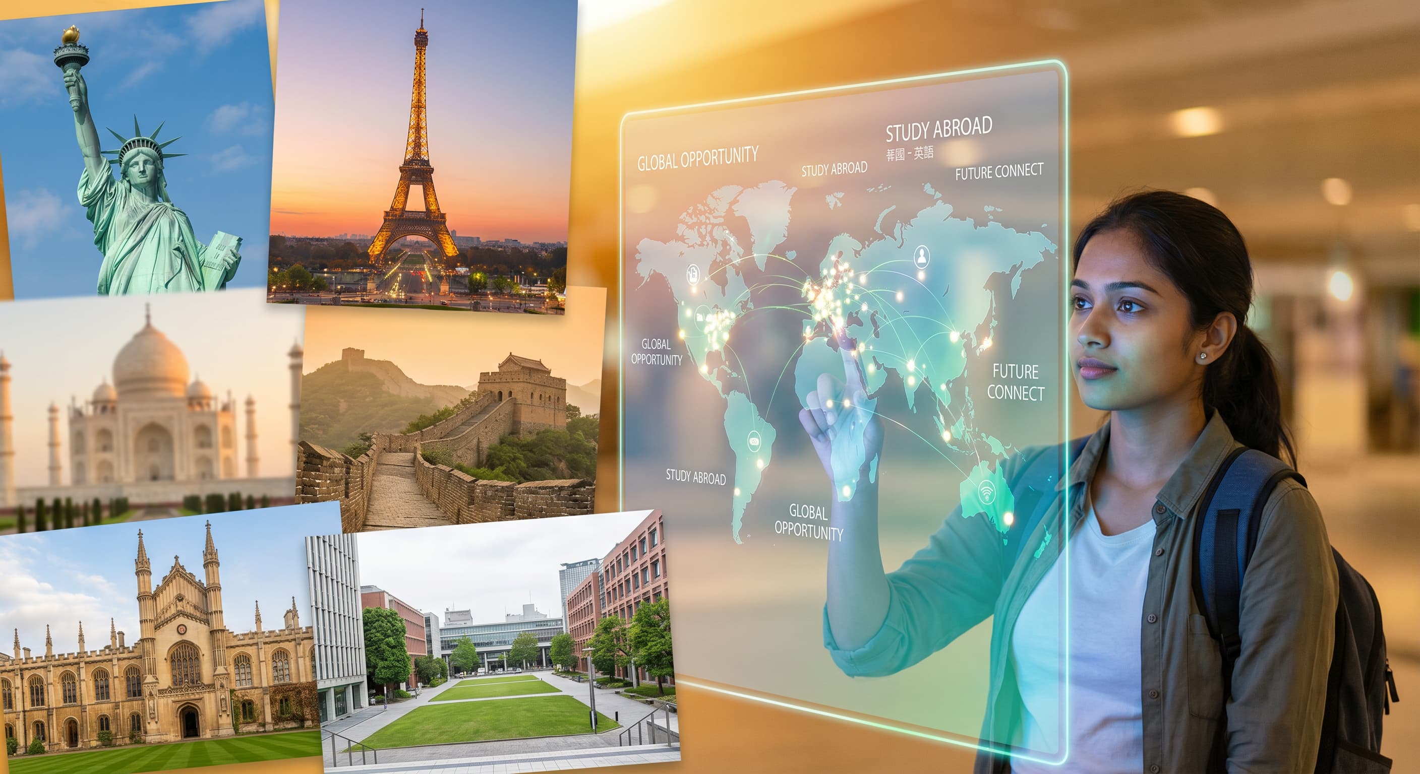 A student weighing study abroad destinations on a global map.