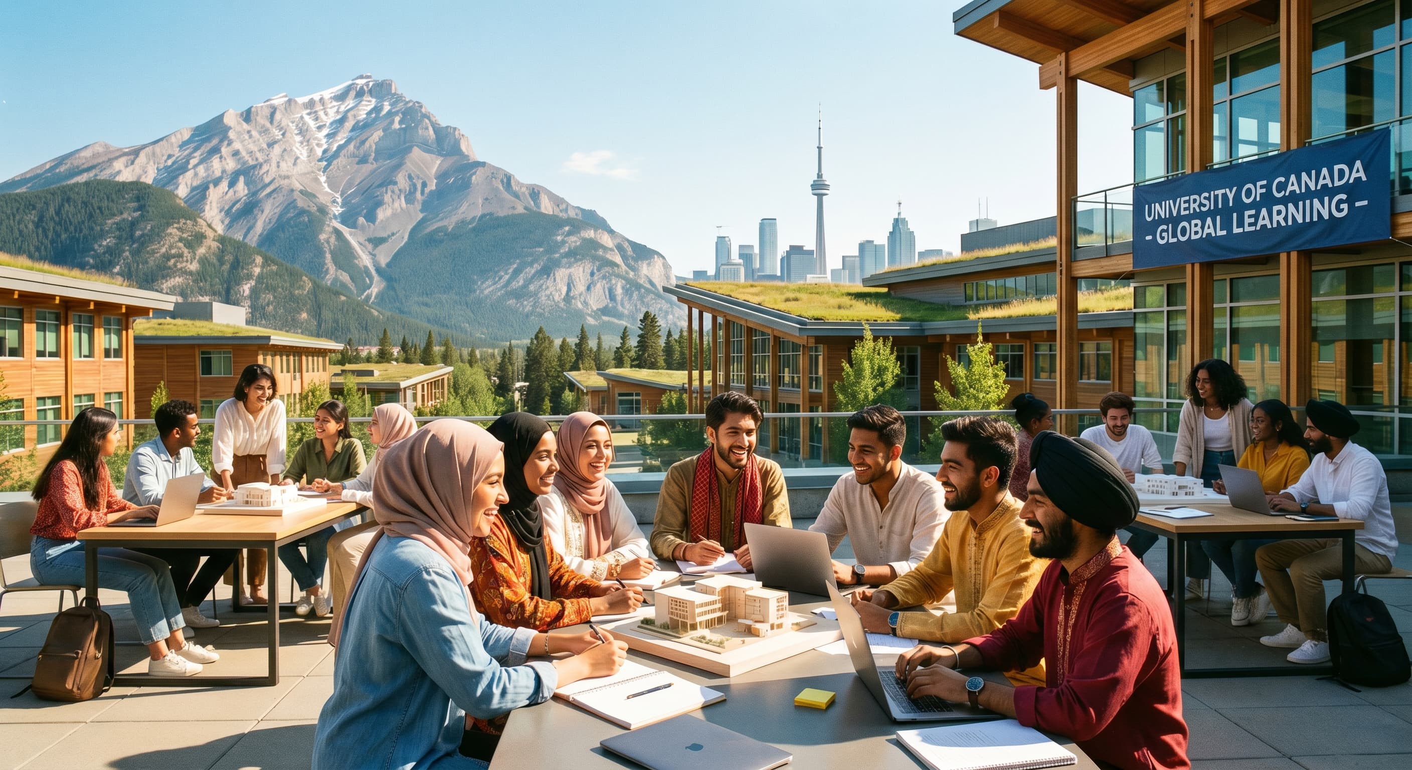 An international student walking through a university campus, partway through a study abroad journey.