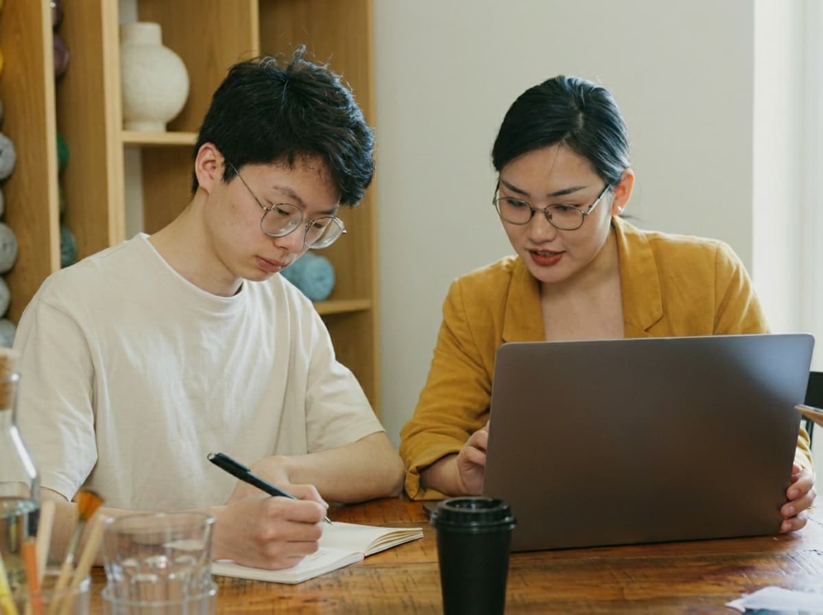 A mentor and student working through a study abroad guide.